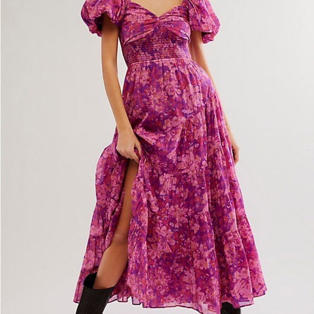 Free people Floral Pink Puff Sleeve Dress